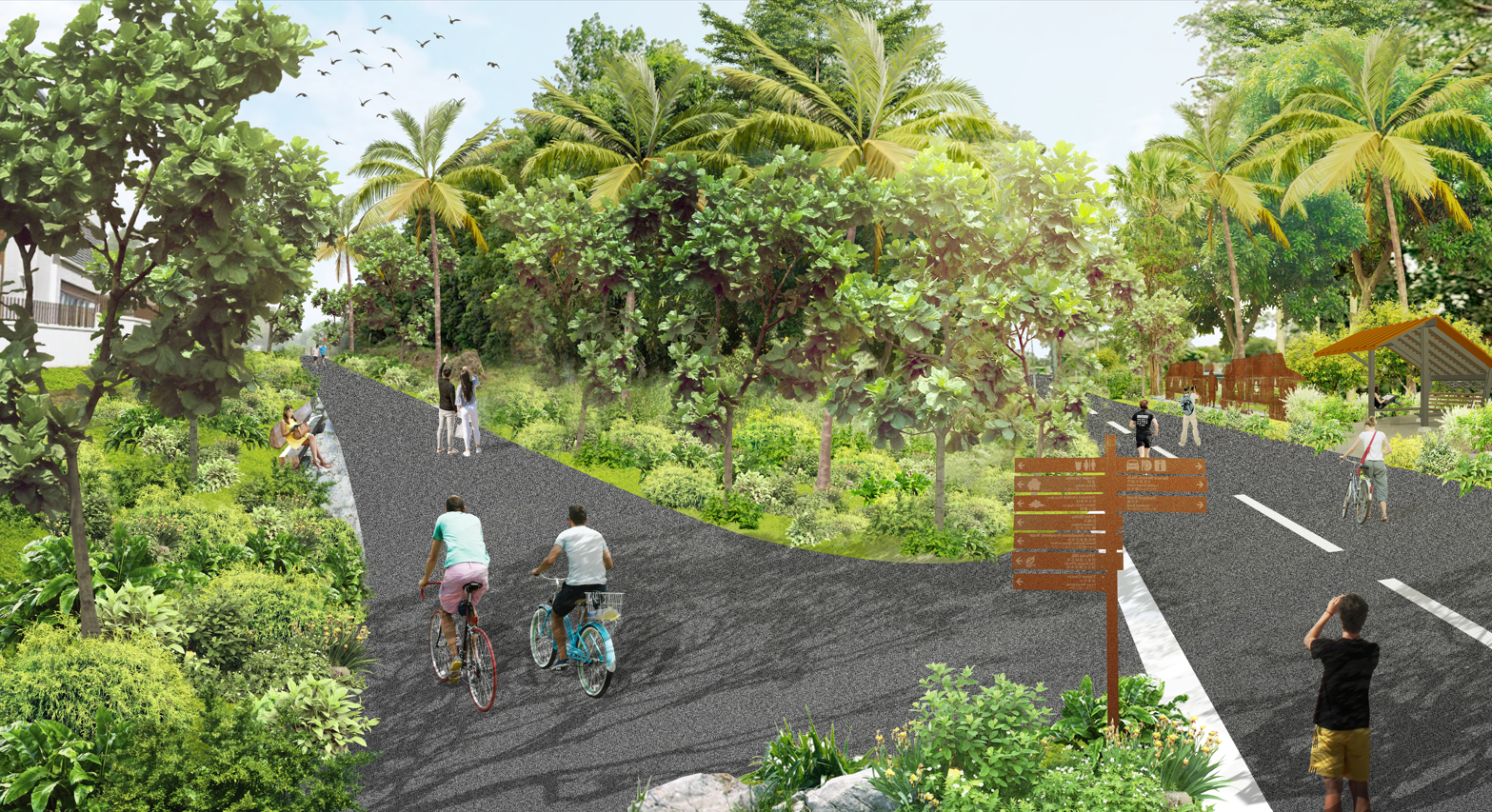 Path winding through a lush, tropical landscape. People biking, walking, and enjoying the scenery. A brown sign directs the path of travel.